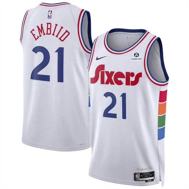 Mens Philadelphia 76ers #21 Joel Embiid White 2024-25 City Edition Stitched Jersey Dzhi